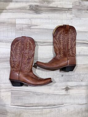 Old West Tan and Brown Leather Cowboy Boots LF1529 Size 6.5
